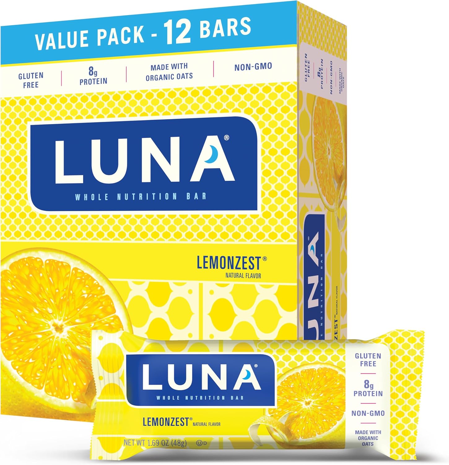 Luna Bar - Lemonzest Flavor - Gluten-Free - Non-Gmo - 7-9G Protein - Made With Organic Oats - Low Glycemic - Whole Nutrition Snack Bars - 1.69 Oz. (12 Pack)