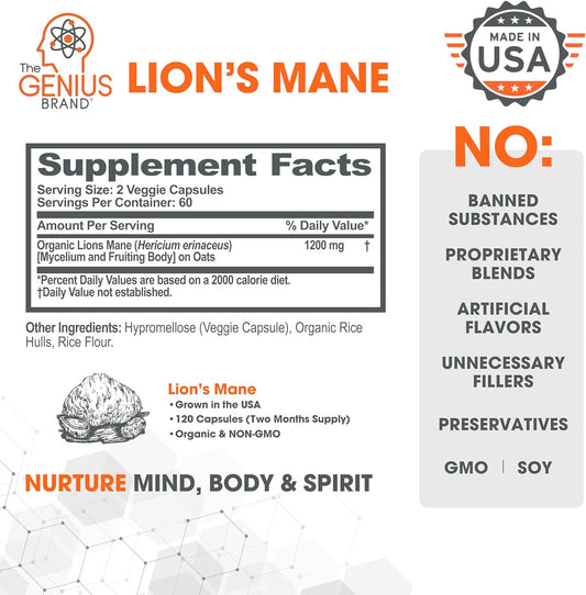 Genius Lions Mane Cognition Vitamins Supplement Capsules - Organic Nootropic Supplement, 1200Mg Per Serving – 120 Veggie Pills