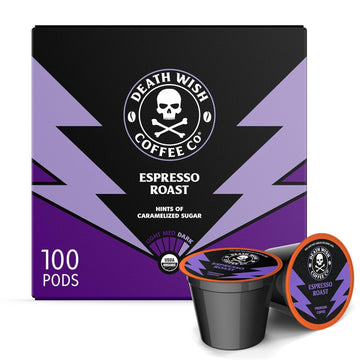 Death Wish Coffee - Single Serve Pods - Dark Roast Coffee Pods - Made with USDA Certified Organic - Extra Kick of Caffeine (Espresso Roast, 100 Count)