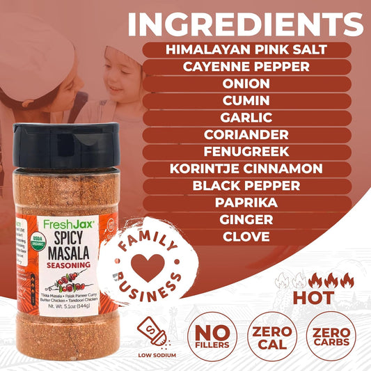 FreshJax Organic Spicy Indian Chicken Masala Seasoning (5.1 oz Bottle) Non GMO, Gluten Free, Keto, Paleo, No Preservatives Chicken Tikka Masala Spice Mix, Indian Dry Rub | Handcrafted in Jacksonville