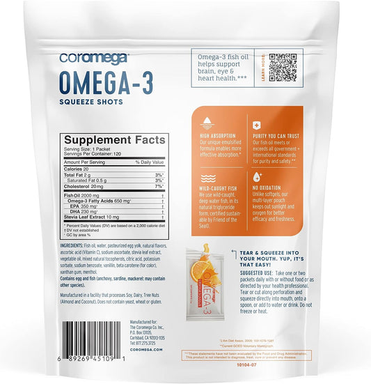 Coromega Omega 3 Fish Oil Supplement, 650mg of Omega-3s with 3X Better