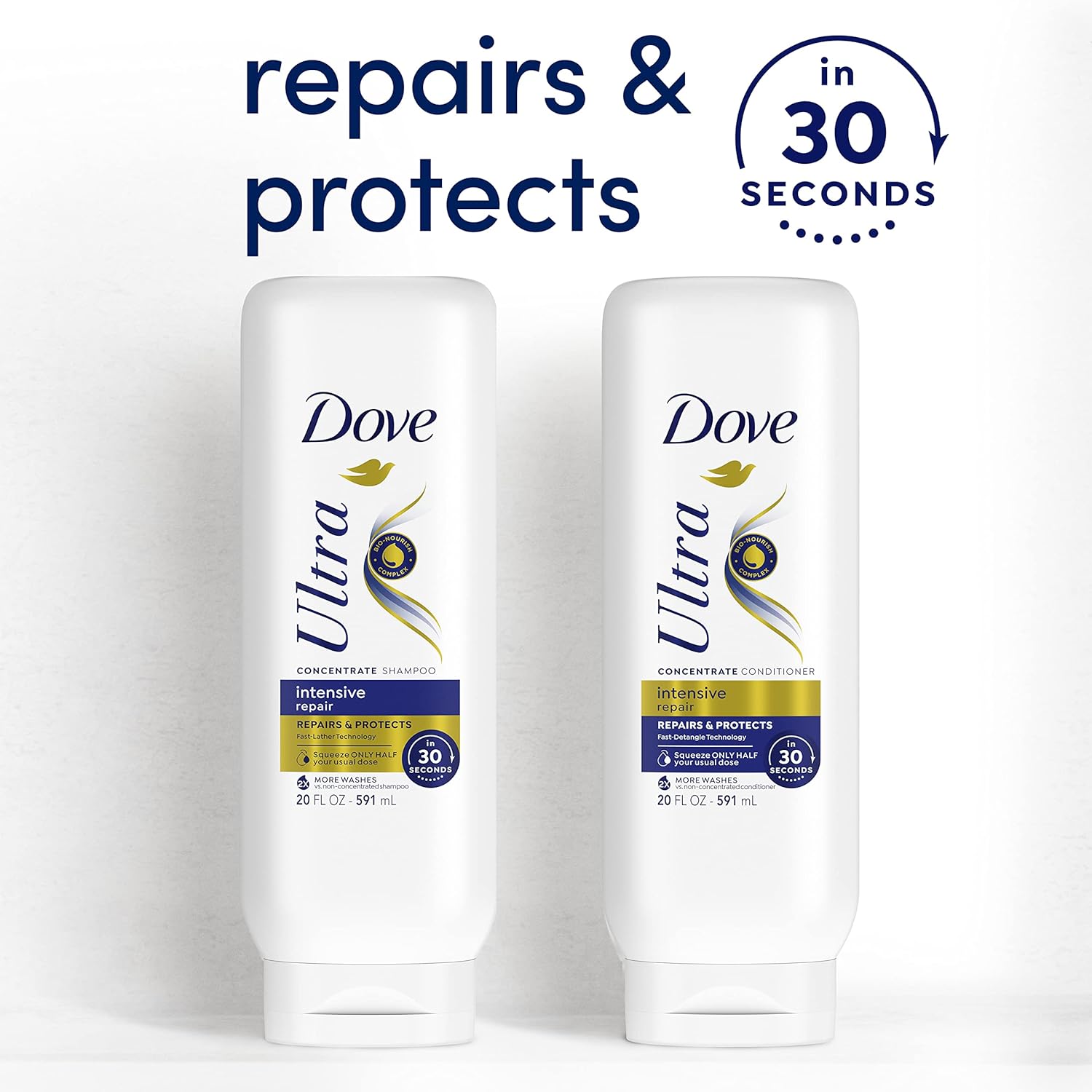 Dove Ultra Intensive Repair Concentrate Shampoo And Conditioner For Damaged Hair Repairs And Protects In 30 Seconds, Fast-Lather And Fast-Detangle Technology, 2X More Washes, Combo Pack