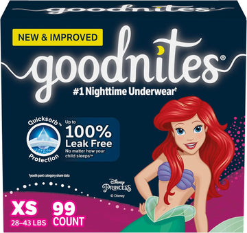 Goodnites Girls' Nighttime Bedwetting Underwear, Size Extra Small (28-43 Lbs), 99 Ct, Packaging May Vary