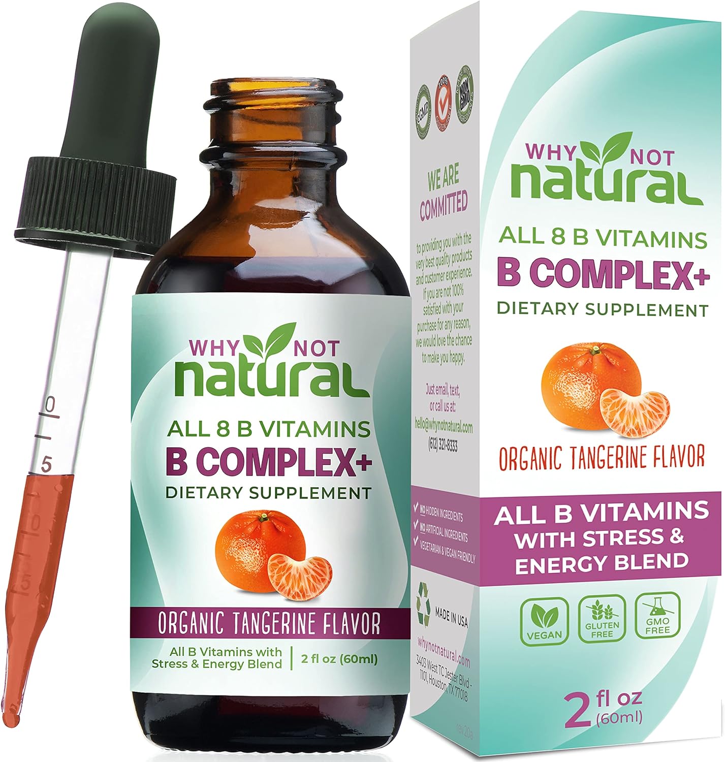 Why Not Natural Vitamin B Complex Liquid Drops - Organic Supplement for Women - Vegan and Sublingual Forms of B1 B2 B3 B5 B6 Biotin Folate and Choline - Plus Blend for Stress and Energy