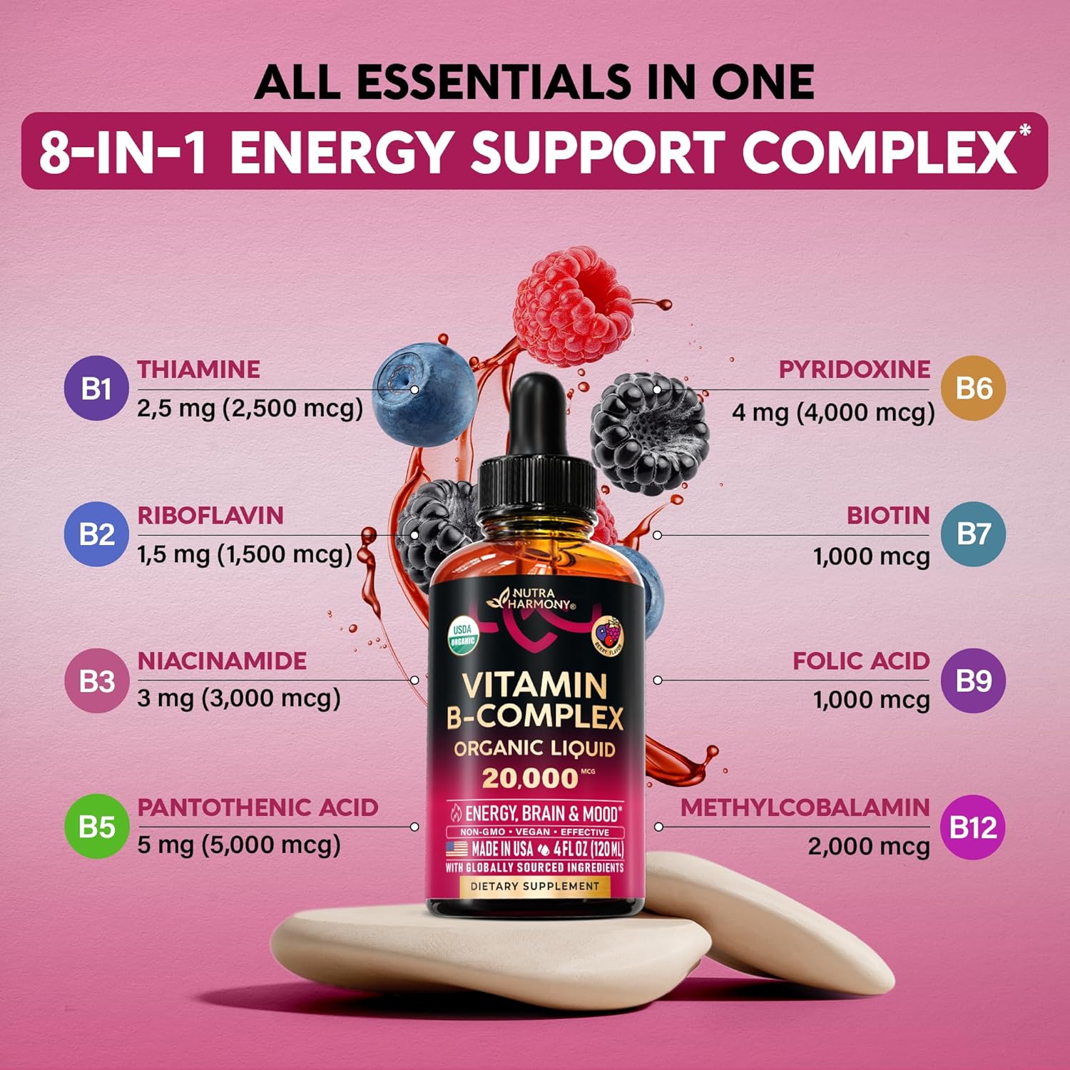 Buy Usda Organic Vitamin B-Complex Liquid Spray 8-In-1 - B5 Pantothenic Acid | B12 Methylcobalamin | B1 Thiamine | B6 Pyridoxine | B7 Biotin | B9 Folic | B3 Niacinamide - Made In Usa Supplement, 2Fl Oz On  Free Shipping On Qualified Orders