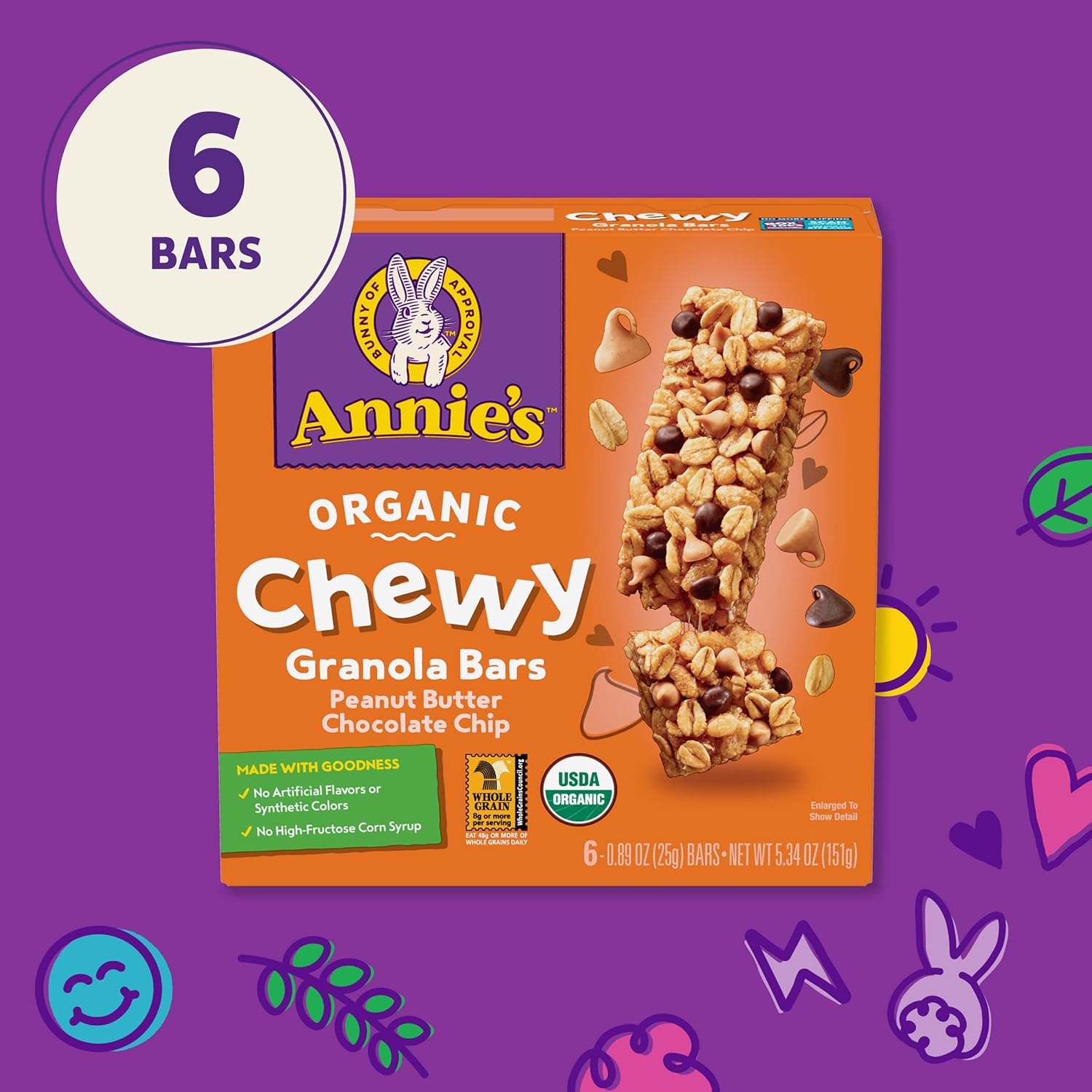 Annie's Organic Chewy Granola Bars, Peanut Butter Chocolate Chip, 6 Bars, 5.34 oz