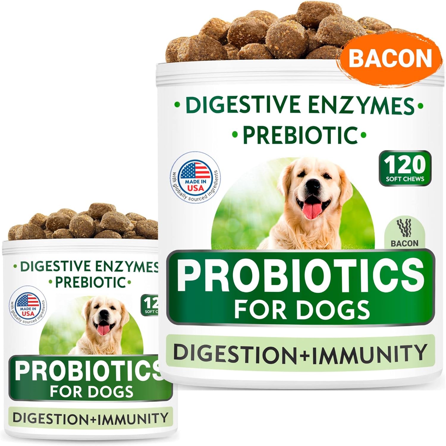 Dog Probiotics Chews Bundle - Gas, Diarrhea, Allergy, Constipation, Upset Stomach Relief - Digestive Enzymes + Prebiotics - Improve Digestion - 120 + 120 Chews - Chicken + Bacon Flavor - Made In Usa