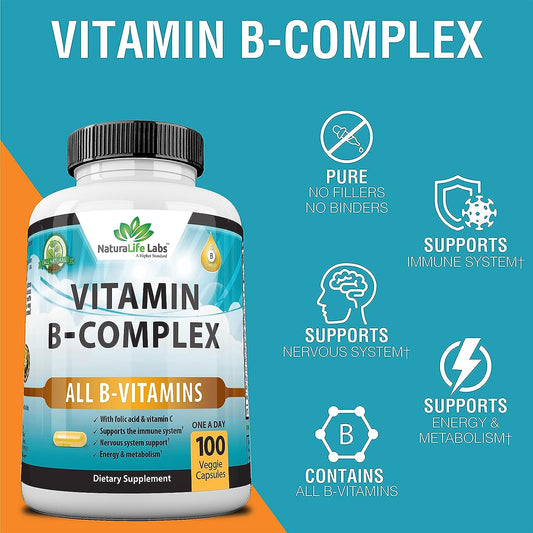 Vitamin B Complex with Vitamin C and Folic Acid - B12, B1, B2, B3, Vitamin B5 Pantothenic Acid, B6, B7, B9 - Nervous System Support 100 Veggie Capsules