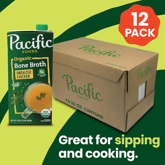 Pacific Foods Organic Unsalted Chicken Bone Broth, 32 Oz Carton (Pack Of 12)