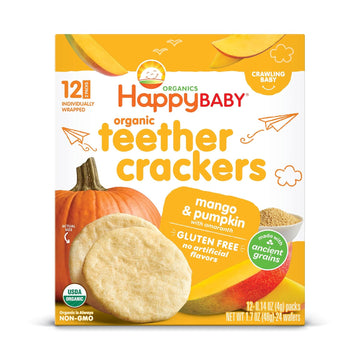 Happy Baby Organics Organic Teether Crackers Gluten Free Mango & Pumpkin With Amaranth, 0.14 Oz, 12 Count (Pack Of 6)