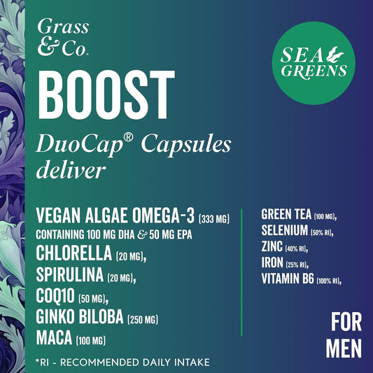 Grass & Co. Boost Sea Greens | Vegan Omega-3 Dha & Epa | Algae-Based Brain & Heart Health Supplement | 30 Capsules | Ginkgo, Maca, Coq10, Selenium & Zinc