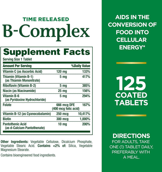 Nature'S Bounty Vitamin B-Complex, Time Released Supplement With Folic Acid Plus Vitamin C, Supports Energy Metabolism And Nervous System Health, 125 Count