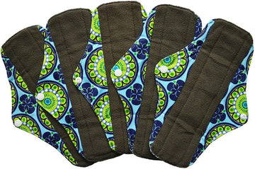 5 Pieces Charcoal Bamboo Mama Cloth/Menstrual Pads/Reusable Sanitary Pads (Regular (10 inch), Peacock)