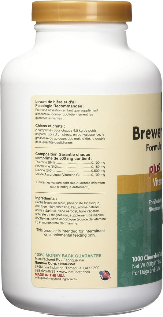 NaturVet Brewers Dried Yeast Formula with Garlic Flavoring Plus Vitamins for Dogs and Cats, Chewable Tablets, Made in The USA with Globally Source Ingredients 1000 Count