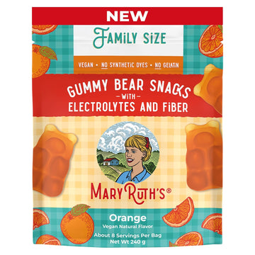MaryRuth's Sugar Candy Gummy Bears Snacks | Delicious with Electrolytes and Fiber | Made with Organic Cane Sugar | Orange | Vegan | Gluten Free | Non-GMO | Family Size | 240 Grams | 0.52 Pounds