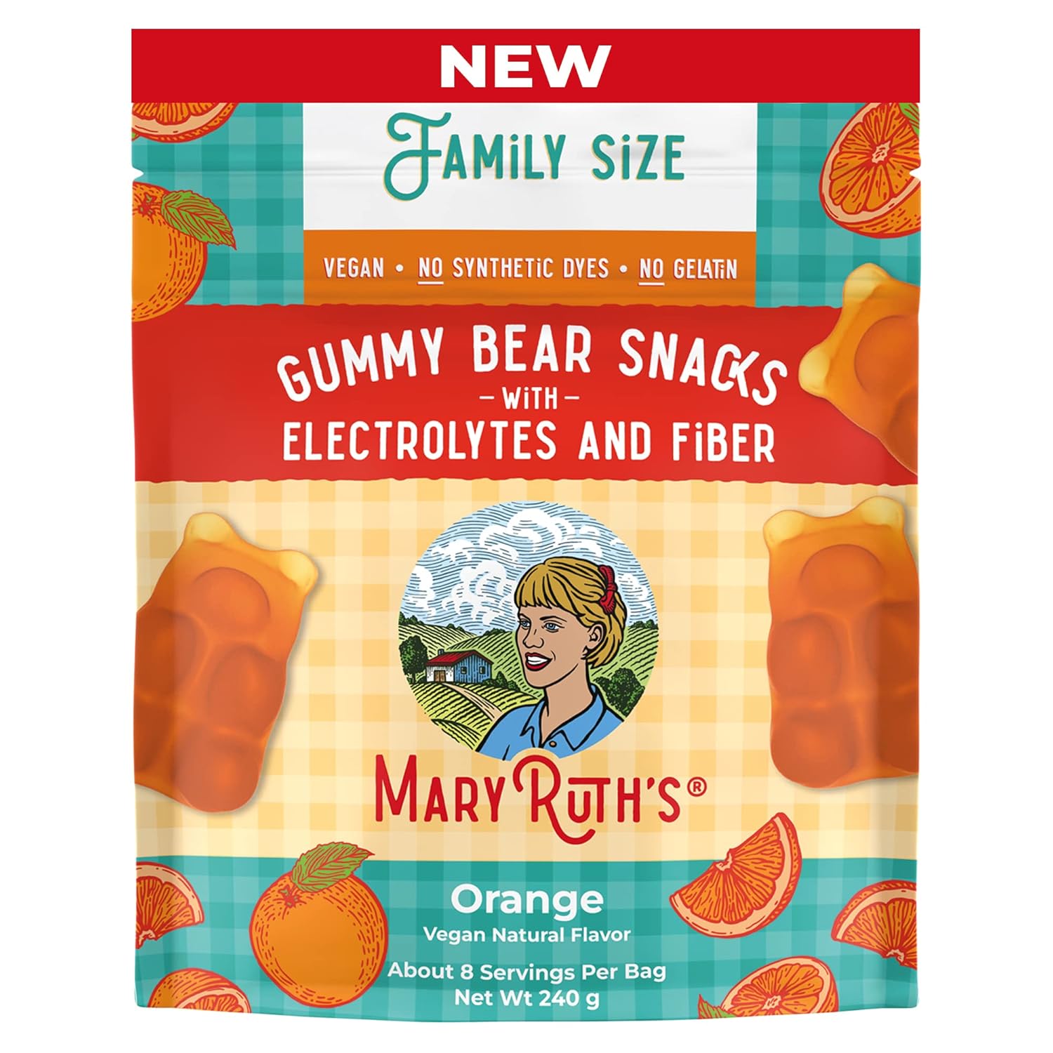 Maryruth Organics Sugar Candy Gummy Bears Snacks | Delicious With Electrolytes And Fiber | Made With Organic Cane Sugar | Orange | Vegan | Gluten Free | Non-Gmo | Family Size | 240 Grams | 0.52 Pounds