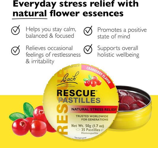 Bach RESCUE PASTILLES, Cranberry Flavor, Natural Stress Relief Lozenges, Homeopathic Flower Essence, Vegetarian, Gluten & Sugar-Free, 35 Count