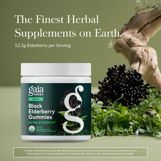 Gaia Herbs Black Elderberry (Sambucus Nigra) Extra Strength Gummies - Delicious Immune Support Supplement - Made With Certified Organic Black Elderberries For Immune System Support - 120 Gummies