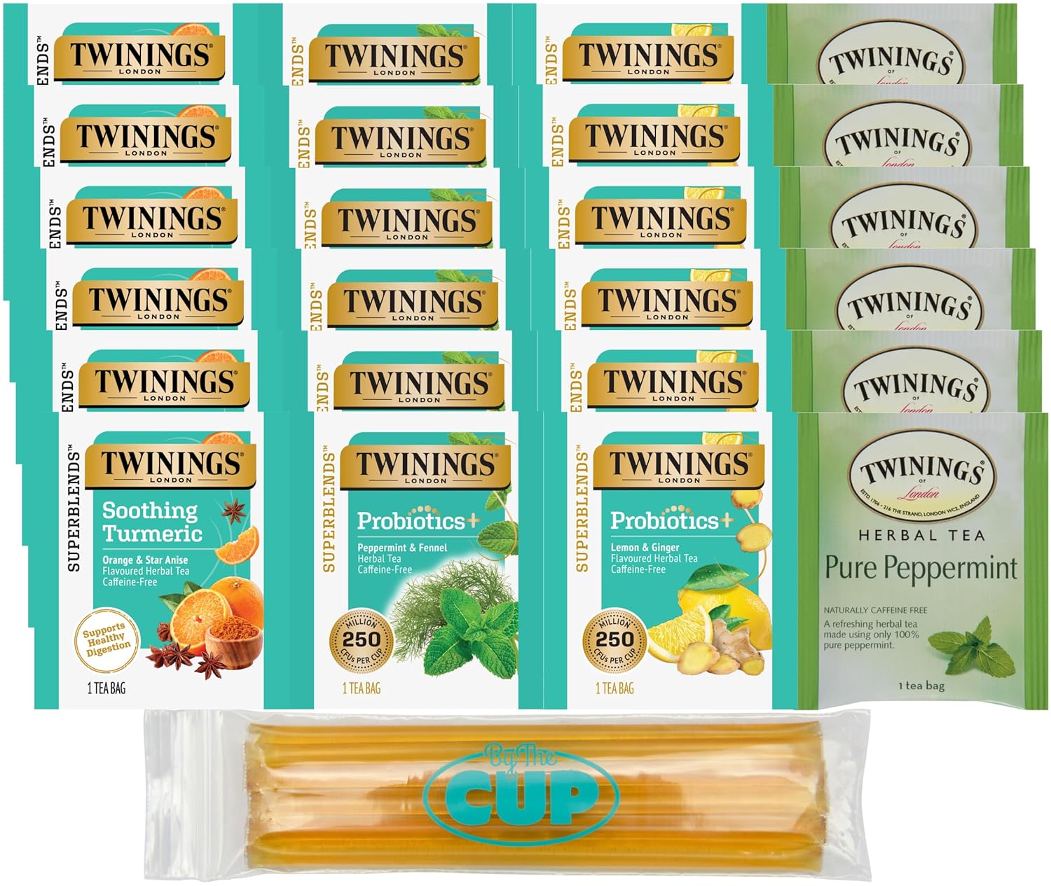 Twinings Love Your Gut Herbal Tea Sampler (Pack of 24) with By The Cup Honey Sticks