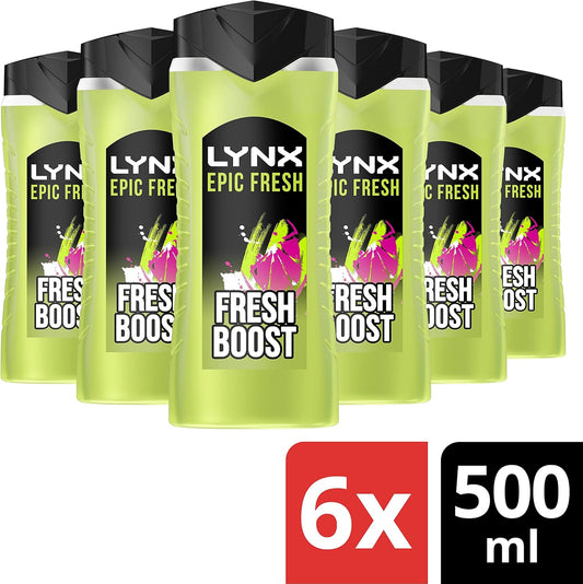 Lynx Epic Fresh Shower Gel Pack Of 6 12 Hours Of Freshness Bodywash With A Grapefruit & Tropical Pineapple Scent 500 Ml