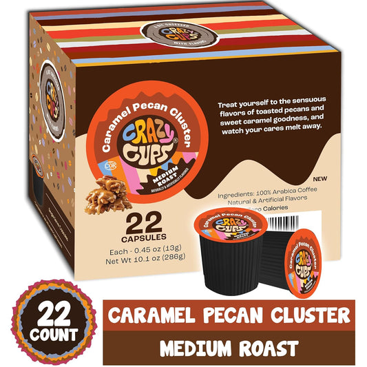 Crazy Cups Single Serve Flavored Hot Or Iced Medium Roast Coffee For Keurig K Cups Machines In Recyclable Pods, Caramel Pecan Cluster, 22 Count (Pack Of 1)