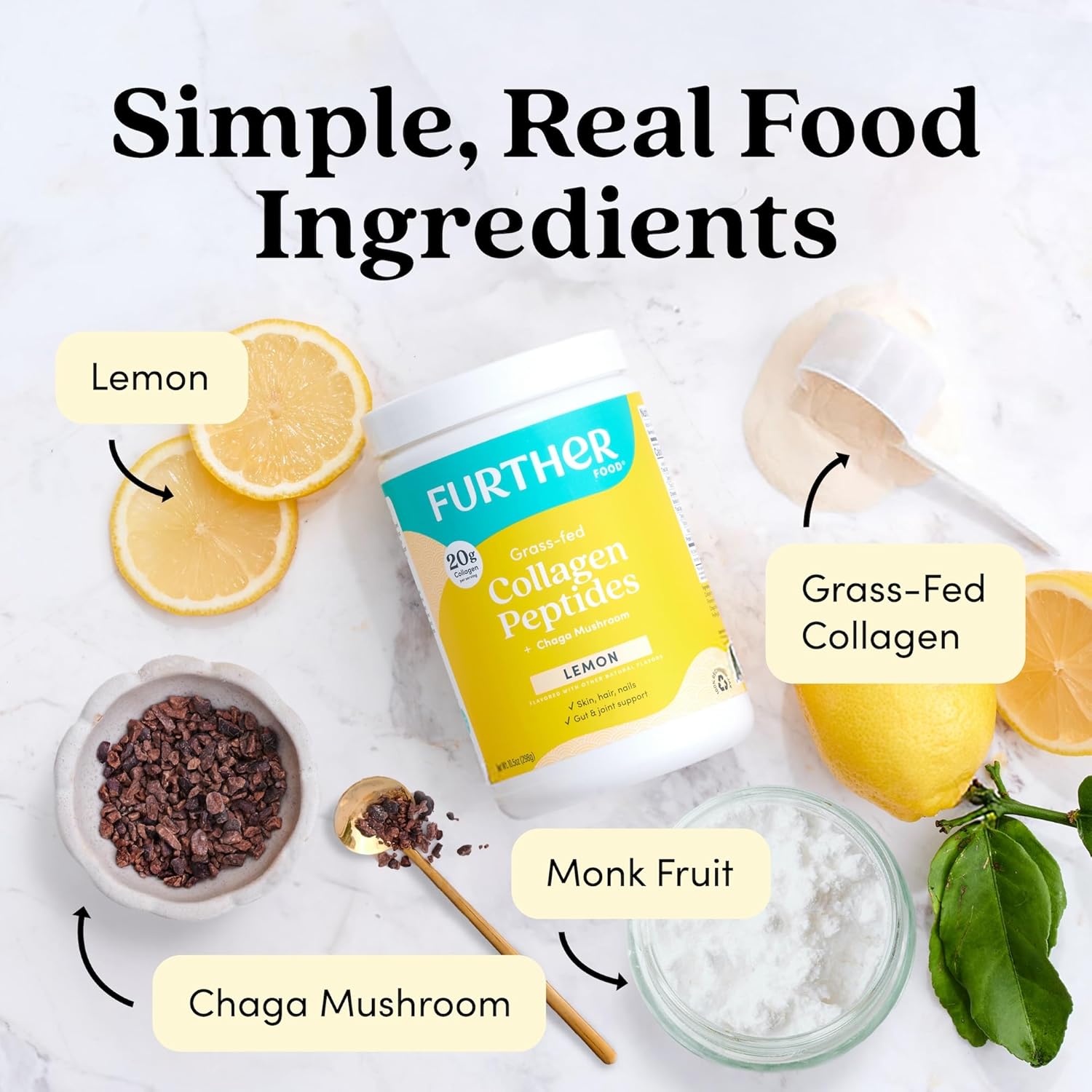 Further Food Lemon Collagen Peptides Powder, Grass-Fed Pasture-Raised Hydrolyzed Type 1 & 3 Protein, Gut Health + Joint, Hair, Skin, Nails, Paleo Keto Sugar-Free 10.50 Oz : Health & Household