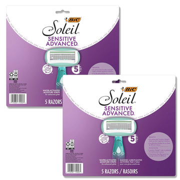 BIC Soleil Sensitive Advanced Women's Disposable Razors With 360 Degree Water Activated Moisture Strip for Enhanced Glide, Shaving Razors With 5 Blades, 10 Count