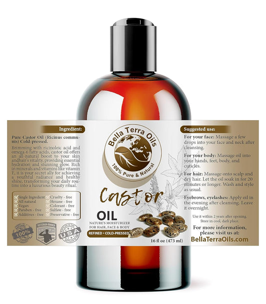 Bella Terra Oils - Organic Castor Oil 16oz - Unlocking the Power of Pure Organic Castor Nutrients, Abundant in Natural Antioxidants, Your Go-to Beauty Elixir