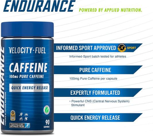 Applied Nutrition | Endurance Caffeine Capsules 100Mg - Quick Energy Release, Increase Alertness, Concentration, Boost Endurance Performance, Veggie Capsules, 90 Servings