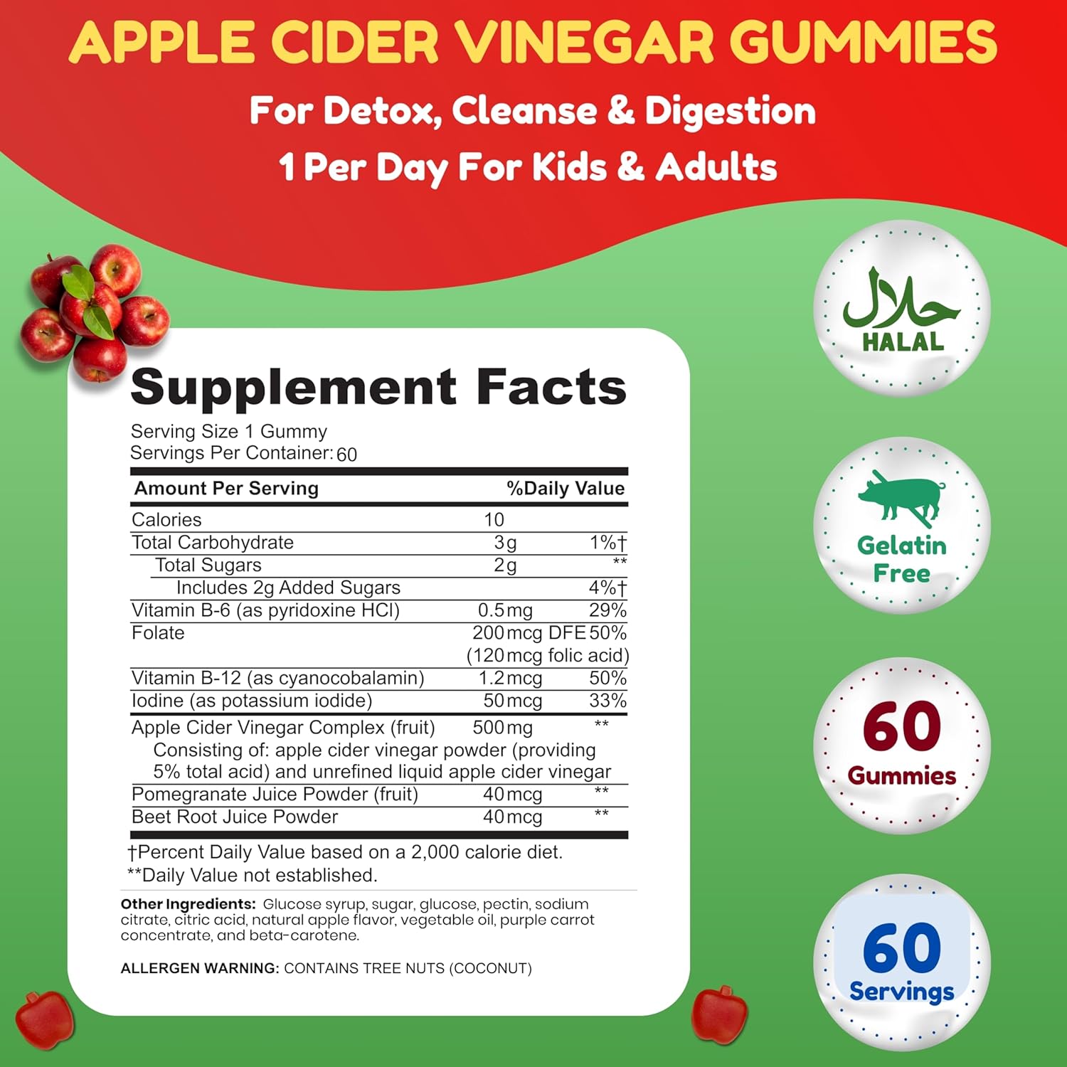 Halal Apple Cider Vinegar Gummies. Cleanse & Detox Acv Gummies For Immune Support & Digestion. Vegan, Non-Gmo, Keto Friendly, Gelatin Free Apple Cider Gummies. 60 Count, 60 Servings