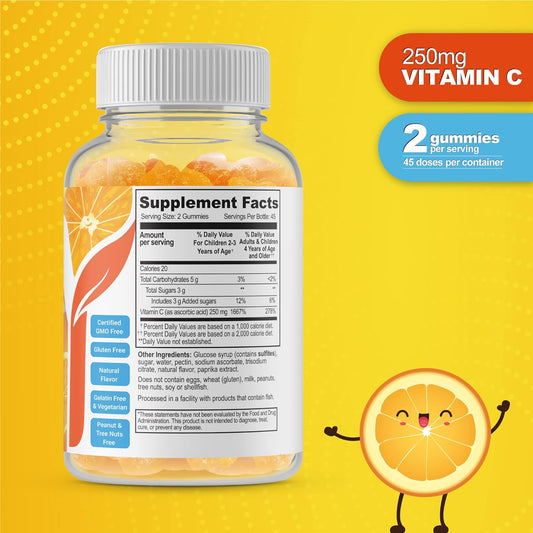 Doctors Finest Vitamin C Gummies For Kids  Vegan, Gmo Free & Gluten Free  Great Tasting Orange Flavor Pectin Chews  Kids Dietary Supplement  250Mg Of Vitamin C  90 Jellies [45 Doses]