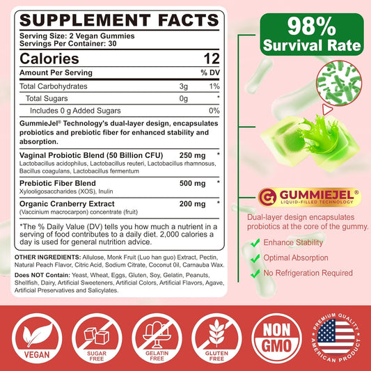 Vegan Vaginal Probiotics For Women Gummies - Ph, Odor, Feminine Balance, Yeast, Urinary Tract - 50 Billion Cfu Lactobacillus Reuteri, Cranberry, Prebiotics Fiber - Delayed Release - Sugar Free, 60 Cts
