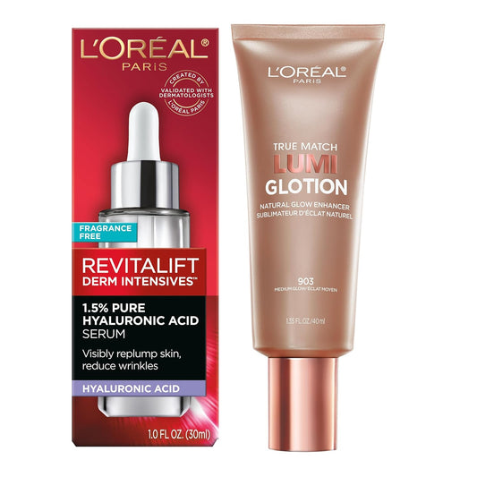 L'Oreal Paris Revitalift 1.5% Pure Hyaluronic Acid Face Serum 1.0 Oz + True Match Lumi Glotion Natural Glow Enhancer Lotion, Medium 1.35 Fl. Oz, 1 Kit