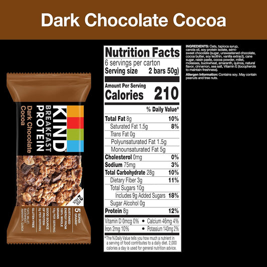 Kind Breakfast, Healthy Snack Bar, Dark Chocolate Cocoa, Gluten Free Breakfast Bars, 8G Protein, 1.76 Oz Packs (30 Count)