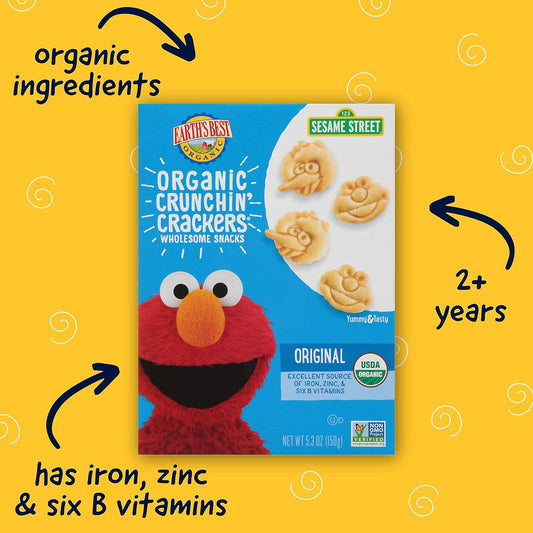 Earth'S Best Organic Kids Snacks, Sesame Street Toddler Snacks, Organic Crunchin' Crackers, Wholesome Snacks For Toddlers 2 Years And Older, Original, 5.3 Oz Box (Pack Of 6)