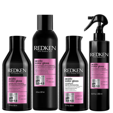 Redken Acidic Color Gloss Shampoo, Treatment, Conditioner, And Heat Protectant | With Citric Acid & Apricot Oil For Intense Shine & Conditioning | With Heat Protection Up To 450 Degrees | Pack Of 4