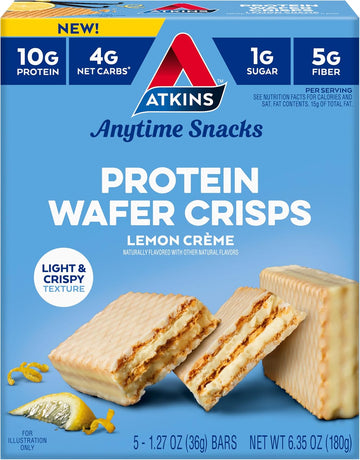 Atkins Lemon Wafer Crisps, Protein Snack, 10G Protein, 4G Net Carbs, 1G Sugar, 5G Fiber, 5 Count