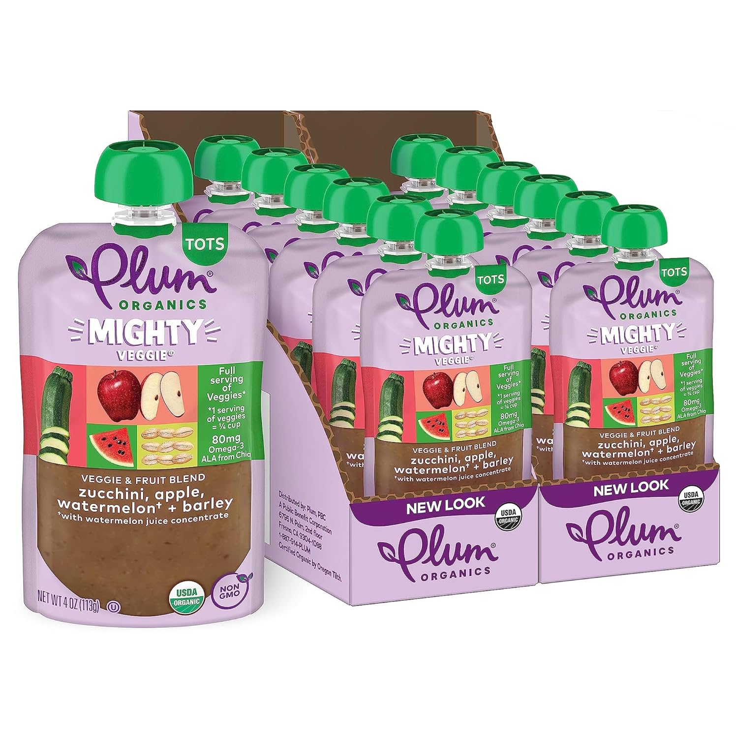 Plum Organics | Mighty Veggie Blends | Organic Baby Food Meals [12+ Months] | Zucchini, Apple, Watermelon & Barley | 4 Ounce Pouch (Pack Of 12) Packaging May Vary