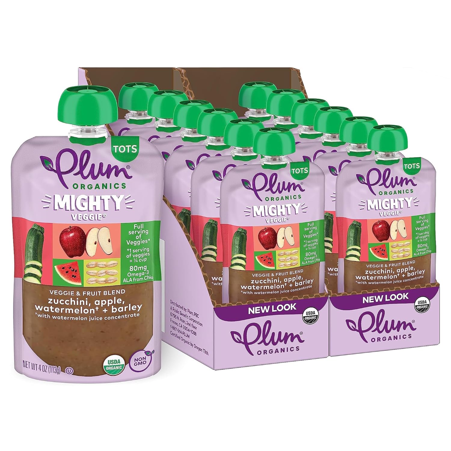 Plum Organics | Mighty Veggie Blends | Organic Baby Food Meals [12+ Months] | Zucchini, Apple, Watermelon & Barley | 4 Ounce Pouch (Pack Of 12)