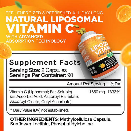 Nutrivein Liposomal Vitamin C 1650Mg - 180 Capsules - High Absorption Ascorbic Acid - Supports Immune System & Collagen Booster - Powerful Antioxidant