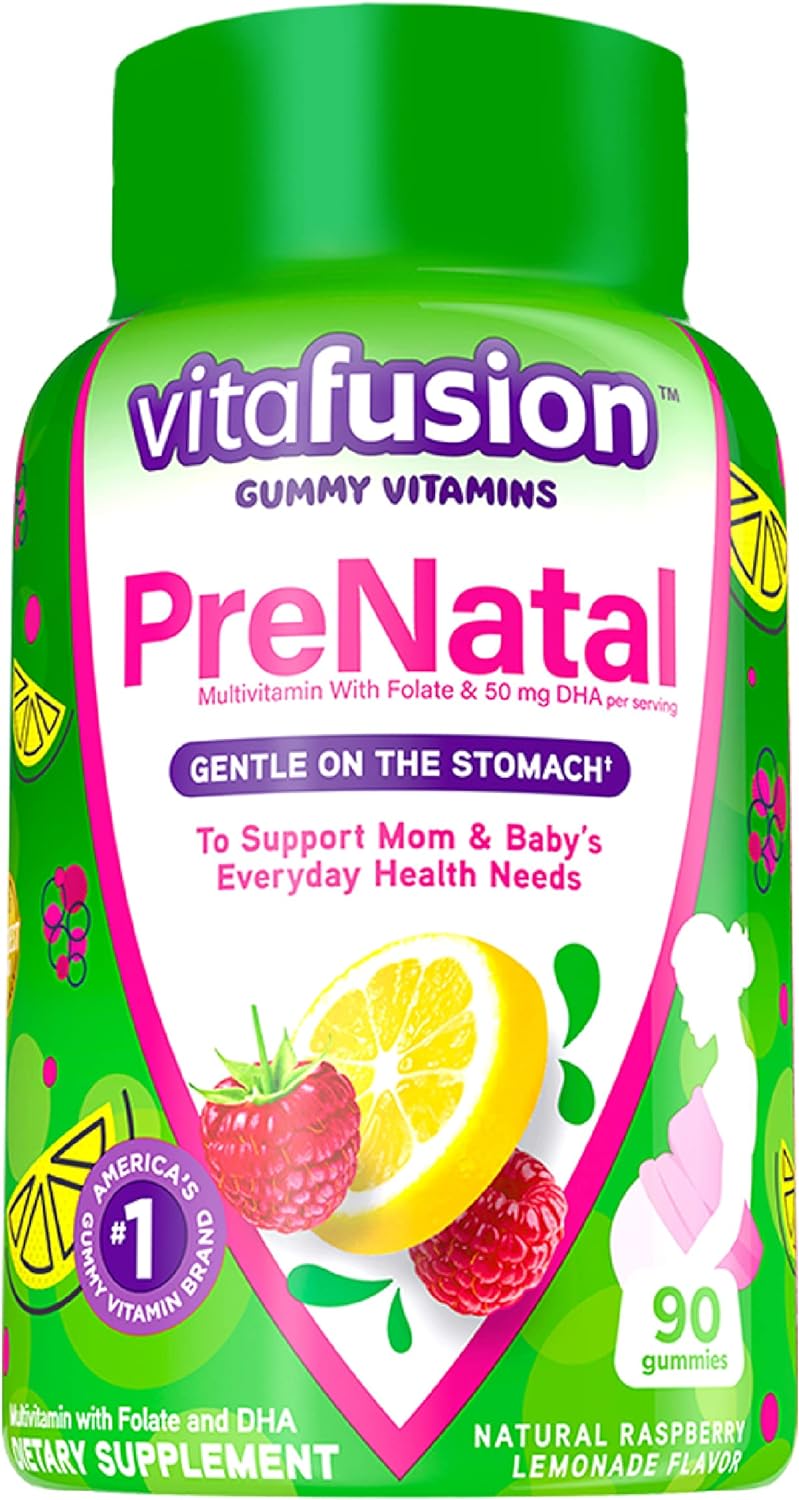 vitafusion PreNatal Gummy Vitamins, Raspberry Lemonade avored, Pregnancy Vitamins for Women, With Folate and DHA, America’s Number 1 Gummy Vitamin Brand, 45 Day Supply, 90 Count