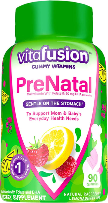 vitafusion PreNatal Gummy Vitamins, Raspberry Lemonade avored, Pregnancy Vitamins for Women, With Folate and DHA, America’s Number 1 Gummy Vitamin Brand, 45 Day Supply, 90 Count