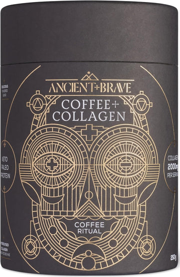 Ancient + Brave - Coffee + Collagen Powder 250G - Organic Brazilian Ground Coffee With Grass-Fed Hydrolysed Bovine Collagen - Collagen Coffee, Premium Blend Organic Cacao - High Protein, Keto Friendly
