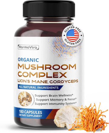 Organic Mushroom Complex With Lion'S Mane, Cordyceps & Turkey Tail – Brain, Memory & Immune Support – 180 Capsules (6-Month Supply)