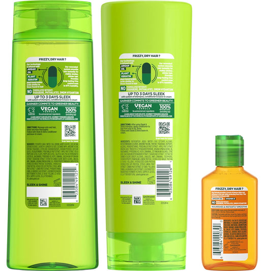 Garnier Fructis Sleek & Shine Shampoo, Conditioner + Moroccan Sleek Oil Set For Frizzy, Dry Hair, Argan Oil (3 Items), 1 Kit (Packaging May Vary)