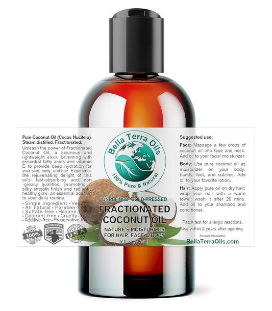Bella Terra Oils - Organic Fractionated Coconut Oil 8 oz - Experience the Purity of Liquid Coconut, Bursting with Essential Fatty Acids, Elevate Your Skin Rituals