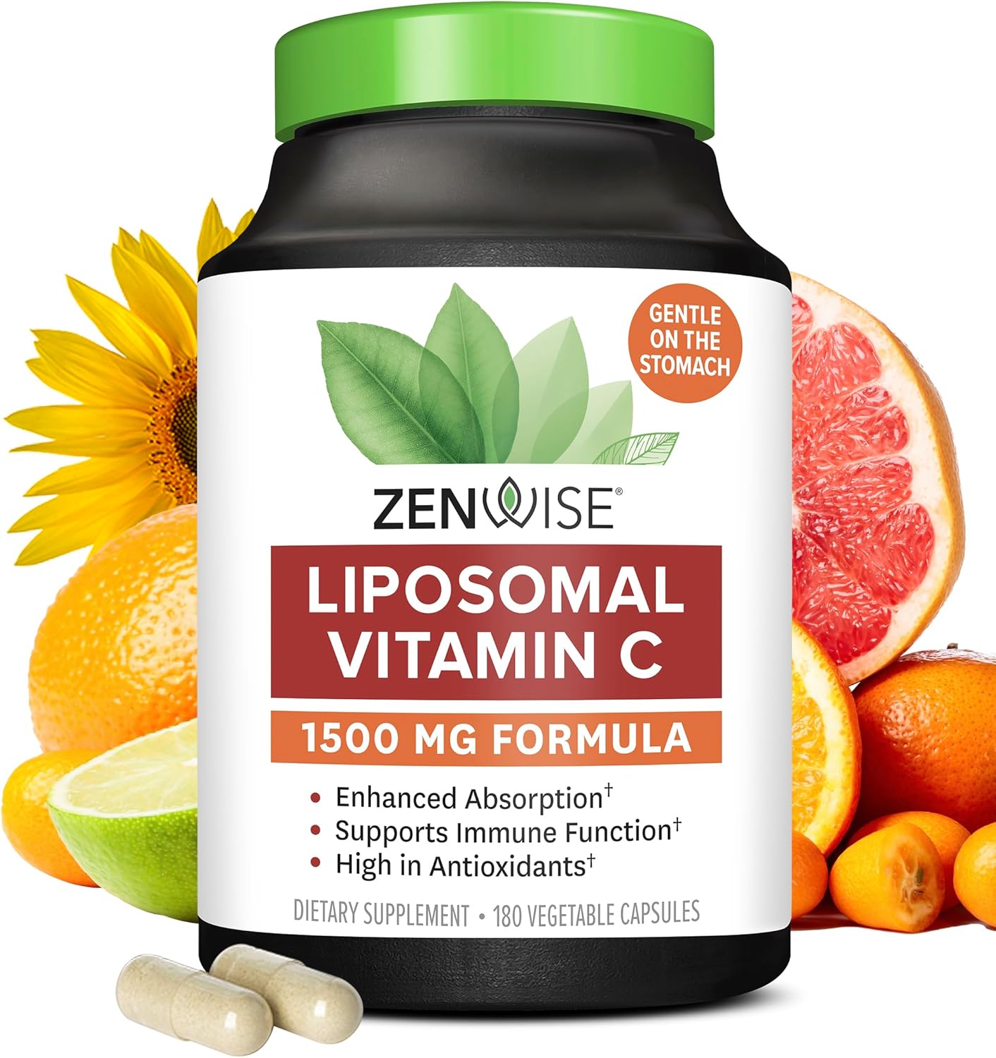 Zenwise Health Liposomal Vitamin C Supplement, 1500 Mg Enhanced Absorption Organic Vitamin C Liposomal For Antioxidant, Immune, Natural Energy Boost, And Skin Care Support - 180 Ct