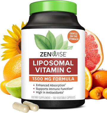 Zenwise Health Liposomal Vitamin C Supplement, 1500 Mg Enhanced Absorption Organic Vitamin C Liposomal For Antioxidant, Immune, Natural Energy Boost, And Skin Care Support - 180 Ct