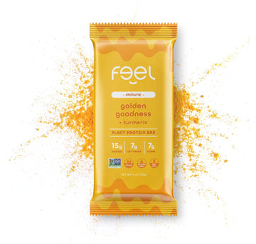 Feel Vegan Protein Bars | Golden Goodness | Keto | Gluten Free | Organic | Turmeric | 15G Plant Protein | Low Carb | High Protein | Dairy Free | Low Sugar | Grain Free | Nut Free | Soy Free | Non Gmo - (Golden Goddess, 10 Pack)