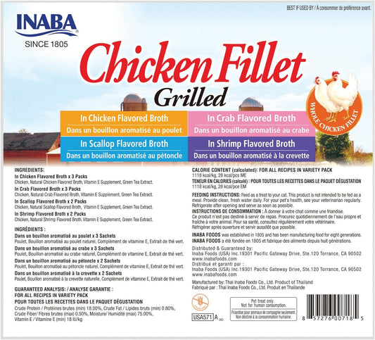 INABA Natural, Premium Hand-Cut Grilled Chicken Fillet Cat Treats/Topper/Complement with Vitamin E and Green Tea Extract, 0.9 Ounces Each, 10 Pack, Variety Pack